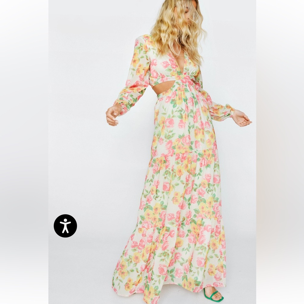 Nasty Gal Floral Long Sleeve Cutout Maxi Dress in Pink, Yellow & Green